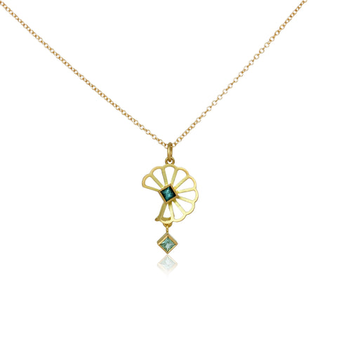 MN made Petite Cloud Fold origami 18k yellow gold necklace with teal tourmaline stones