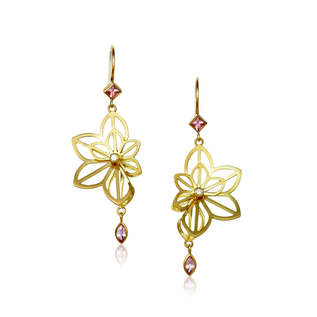 Double Fold Anise Earrings in 18k gold with round diamond, light pink square tourmaline, and pink marquise-cut sapphire