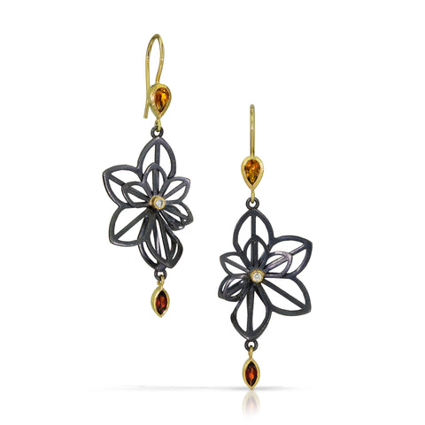 handmade sterling silver origami-inspired Double Fold Anise Earrings with diamonds, citrines, and garnets