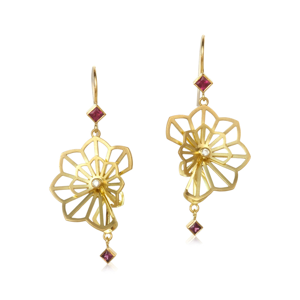 made in minnesota origami 18k gold earrings with recycled diamonds, pink tourmalines, and grape garnets